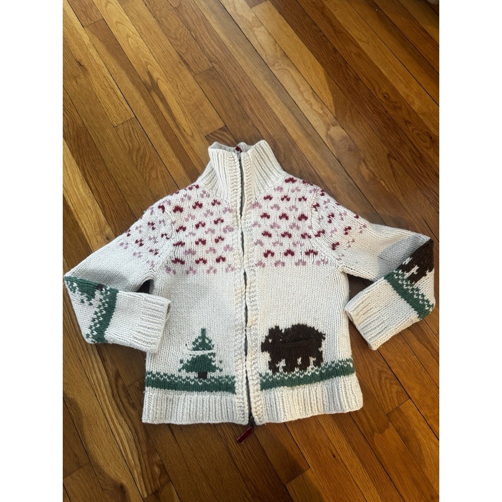 Vintage American Eagle Handknit Wool Blend Sweater Bear Tree Full Zip Youth L